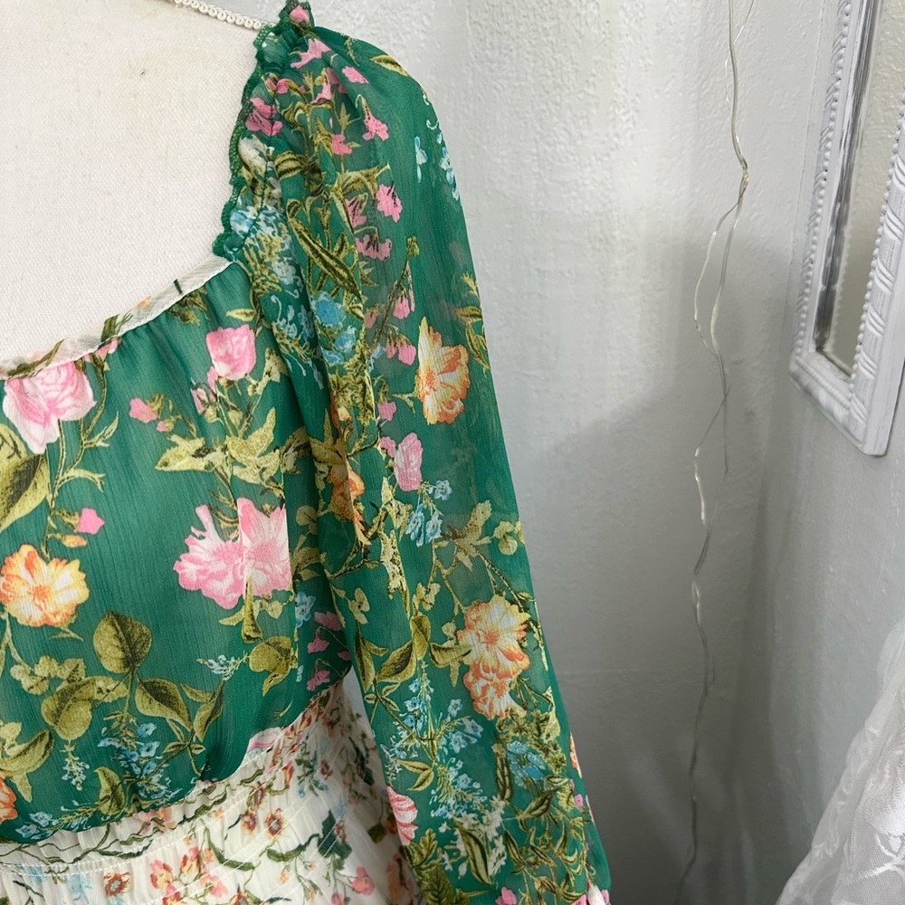 🌿 Anthropologie Fig and Flower Boho Tiered Green Floral Print Dress Size Medium - Picture 6 of 10